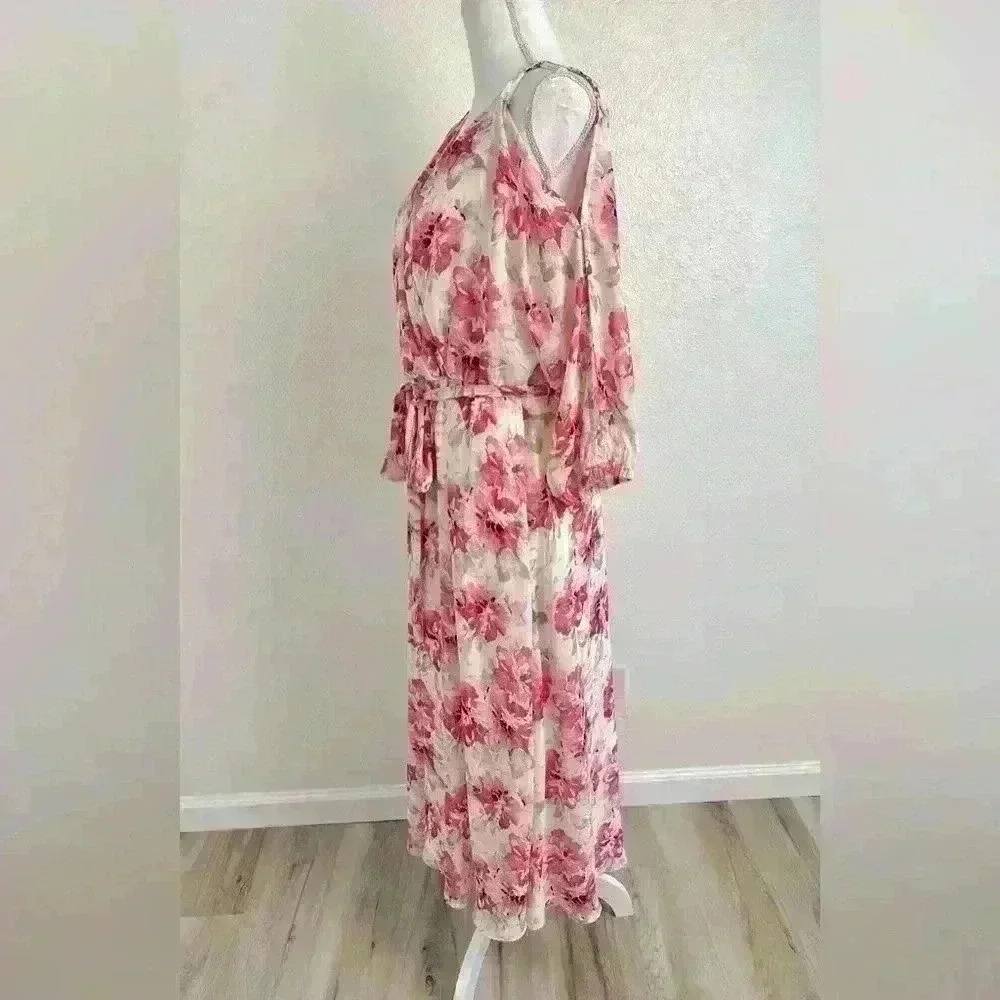 Anne Klein Floral Print Cold Shoulder Belted Dress Size 0X - Picture 4 of 10